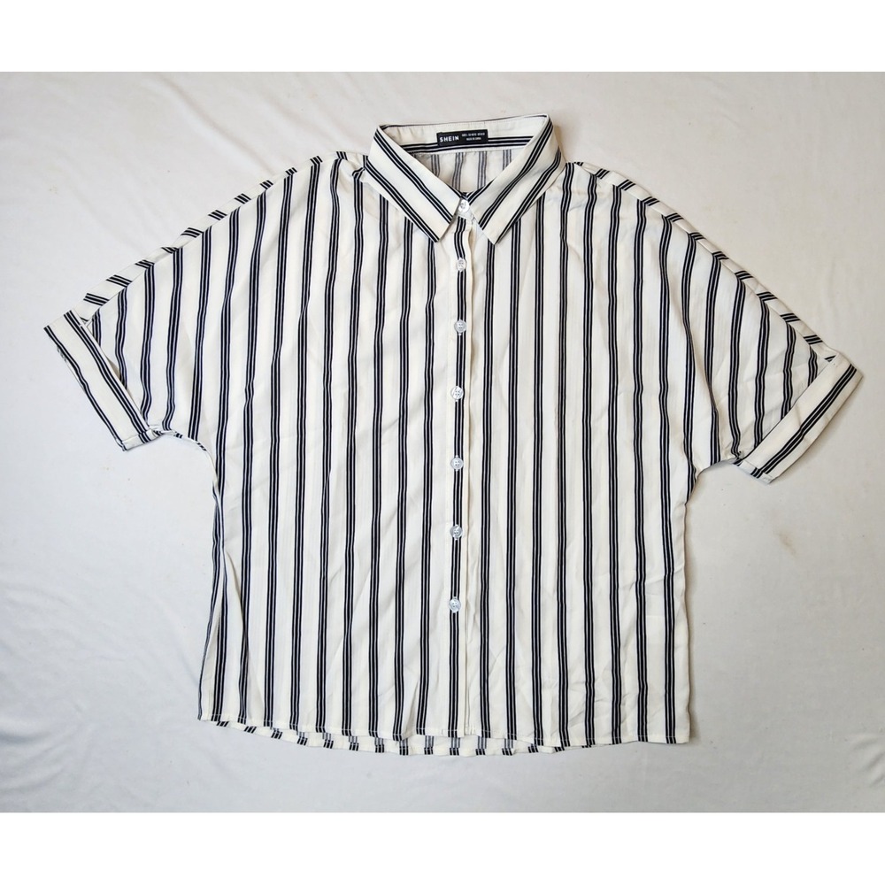 SHEIN Women's Black and White Striped Button Down Shirt Size L